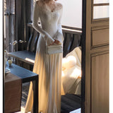 [Snow] Gentle Atmosphere Feel Lace V-Neck Knitted Dress Women Autumn Waist Thin A Long Dress