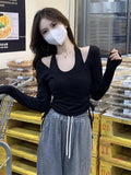 Purely Sexual Sexy Two-Piece Korean Version Of The New Personality Hanging Neck Long-Sleeved T-Shirt Women In Chic Bottom Shirt Top