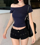 Sexy Hottie Shoulder Slim Short-Sleeved T-Shirt Girl Summer New Fashion Pure Want To Show Thin Umbilion Bottom Top Woman