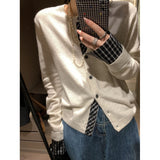 KANING Lattice Splicing Two Knitted Cardigan Women 2026 Autumn And Winter New Lazy Sweater Top Coat