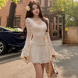 Trend Temperament V Collar Long-Sleeved Lace Dress Women's Waists Thin Spring Beautiful Horn Sleeves Short Skirt