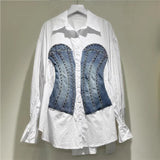 Design Sense Long Sleeve Splicing Denim Waist Shirt Female Heavy Industry Drill New Thin Fashion Hit-Colored Top