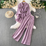 Gentle-Wind Pink Lace Spliced Lap-Over Shirt Long-Lens Waist Coat Two Sets Of High-Rise Thin Leg Pants