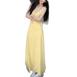 Yellow Broken Flower Hanging Dresses Women's Summer Sleeveless Vestal Dress French Sweet Wind Roller-Sleeve-Length Dress A-Character Skirt