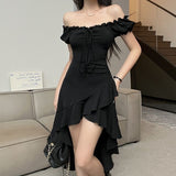 Black Lotus Side Irregular Dress Women's Summer New Word Shoulder-To-Shoulder Sexy Long Skirt