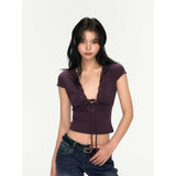 Sexy Lace Lace With Deep V-Neck Short-Sleeved T-Shirt For Girls Summer New Hottie Wind Ups Thin Short Top