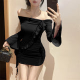 Hottie Wind Lotus Leaf Side Horns Purple Dress Women Autumn And Winter New Tight Body With Ass Skirt