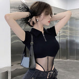 Hottie Sexy Net Yarn Waist Short-Sleeved T-Shirt Women's Summer Design Tight Body Slimming On The Clothes