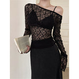 Hottie Style Sexy Lace Perspective Hollow Long-Sleeved T-Shirt Women's Autumn And Winter New Design Sense Of Short Dress