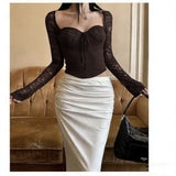 Vintage Wine Red Lace Spliced Long-Sleeved T-Shirts For Girls In The Spring New Slimming Niche Tops