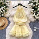 Pure Desire To Hang Neck Nail Beads Hanging Dress Goddess Fan Temperament Waist Lotus Leaf Side Chiffid Skirt Fairy Style Holiday Dress