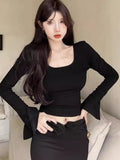 Ins Sexy Babes U Collar Bottomed Long-Sleeved T-Shirt Girl Spring And Autumn Korean Version Of Long-Sleeved T-Shirt Women's Top