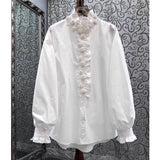 Three-Dimensional Nail Bead Flower Shirt Female Heavy Industry 2025 Early Spring New French Lotus Edge Splicing Long Sleeve Collar Top