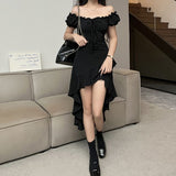 2026 Spring And Summer New Black Lotus Side Irregular Dress Women's Shoulder Shoulder Sexy Irregular Dress