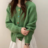 KANING Korean Color Buckle Candy Color Knitted Cardigan 2026 Autumn New Soft-Creative Age-Relaxed Lazy Sweater