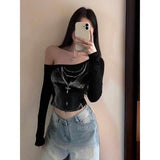Vintage Hottie Sexy Out-Shoulder Long-Sleeved T-Shirt Girl Spring New Slimming Inside Black Blouse Tide