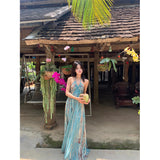 Xishuangbanna Thai Vintage Bohemia Hanging Neck Sling Dress Woman Senses Back Seaside Vacation Dress