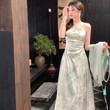 2025 Long Green Sling Skirt Summer New Waist Temperament Hanging Neck New Chinese Dress Two Sets