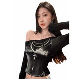 Vintage Sexy Out-Shoulder Long-Sleeved T-Shirt Girl Spring New Slimming Black Hottie Top