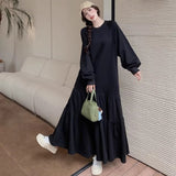 2026 Spring Literature And Art Loose Large-Size Women's Round-Neck Long-Sleeved Lotus Leaf Dress Over Knee Fishtail Dress