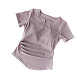 Design Sense Short Sleeve With Chest Cushion Sports T-Shirt Women Running Fitness Elastic External Wearing Thin Top Yoga Suit