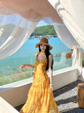 French Holiday Style Yellow Dizzling Fluttering With V-Neck Sling Dress High-End Women's Summer Show Back A Long Dress