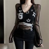 Fashion Sexy Babes Splicing V-Neck Long-Sleeved T-Shirt Girls Summer New Slimming With Stylish Top