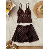 Fashion Korean Style Retro Wave Dot Mesh Yarn Babes Sling Women Summer High Waists Thin Pure Desire Casual Short Skirt Set