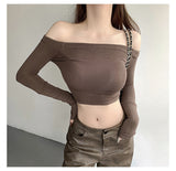Ins Pure Lusty Umbilly Shoulder-To-Shoulder-Bottom T-Shirt Girl Spring And Autumn Hottie Short-Sleeved Blouse Girl