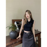 Vintage Hottie Style Button Polo Collar Small Vest Girl Summer Sexy Babes Open Umbilled Dress