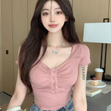 Summer Sweet Hottie Sexy Square Collar Short-Sleeved T-Shirt Women's Design Sense Of Small Slimming Short Top