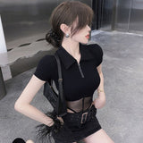 Hottie Sexy Net Yarn Waist Short-Sleeved T-Shirt Women's Summer Design Tight Body Slimming On The Clothes