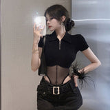 Hottie Sexy Net Yarn Waist Short-Sleeved T-Shirt Women's Summer Design Tight Body Slimming On The Clothes