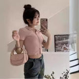 Fashion Sweet Hottie Sexy Polo Collar Short-Sleeved T-Shirt Design Double Zipper Repair Slim Short Top