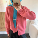 KANING Korean Color Buckle Candy Color Knitted Cardigan 2026 Autumn New Soft-Creative Age-Relaxed Lazy Sweater