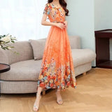 Elegant Style Print U-Neck With Lining High-Waisted Dress Summer Girl Middle-Nummer Mother Temperament A-Dress Dress