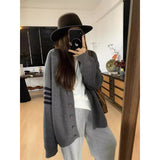 KANING Korean Striped V-Neck College Wind Loose Knits 2026 Autumn And Winter New Women's Sweater Coat
