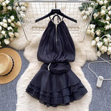 Pure Desire To Hang Neck Nail Beads Hanging Dress Goddess Fan Temperament Waist Lotus Leaf Side Chiffid Skirt Fairy Style Holiday Dress