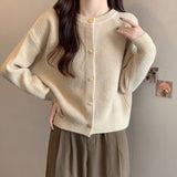 KANING Gentle Temperament Round Collar Knitted Cardigan Women 2026 Autumn New Korean Wearing A Short Sweater