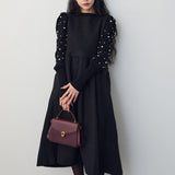 Real Shooting New Bubble Sleeve Nail Bead Lantern Sleeve Sweater + Two Bow Female Hairs Vest Dress Suit