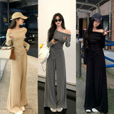Early Spring With A Set Of Small Slanted Shoulders Long Sleeve Blouse Casual Broad Legs Casual Trousers Two Sets