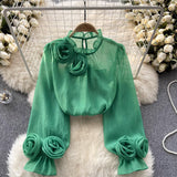 French Shirt Female Design Sense Small Three-Dimensional Flower Bubble Sleeves To Reduce The Age Of Pure Color Chiffon Shirt Women's Long-Sleeved Top