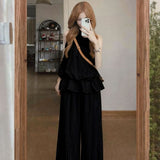 Korean Gentle Wind Hanging Neck Lotus Leaf Edge Sleeveless Coat Hanging Wide Leg Trousers Set Of Women's Summer Loose Thin Two Sets