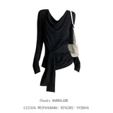 Korean Design Sense Niche Belt T-Shirt Girl Early Autumn Loose Folding Tie Strap Thin Top