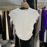 Ins Hot Girls Pure Want To Close Waist Small Flying Sleeve Girl T-Shirt Short-Sleeved Tops New Solid Color Bottom Body-Repair Women's Tide