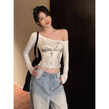 Vintage Hottie Sexy Out-Shoulder Long-Sleeved T-Shirt Girl Spring New Slimming Inside Black Blouse Tide