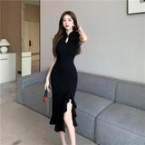2025 New Chinese Young Lotus Leaf Side Boiling Water Drop Lace Temperament Sexy Sleeveless Cheongsam Dress
