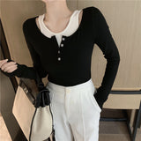 Tide Brand Fake Two Pure Want To Match The Color Splicing Long-Sleeved T-Shirt Girl Autumn New Hottie Slimming On The Top
