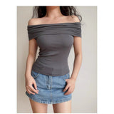 Ins Side-To-Shoulder Sexy Hot Girl Pure Desire To Collar Short-Sleeved T-Shirt Girl Summer Slimming Bottom Top Girl