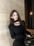 Pure Style Hot Girl Hanging Neck Long Sleeve Top Girl Autumn And Winter Thick De Velvet Design Sense Niche Hollow Bottom Shirt Top